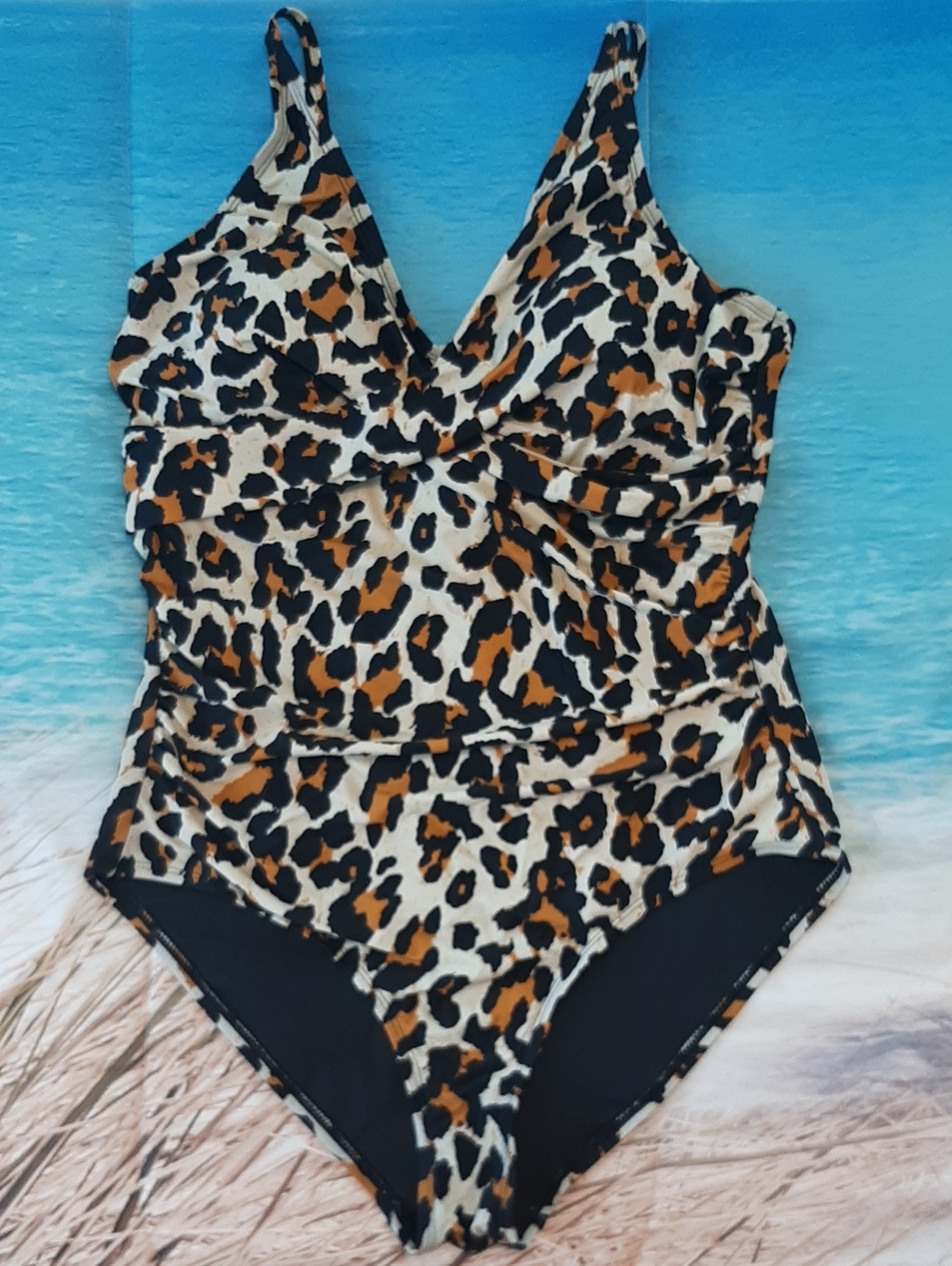Hilor Size 14 Leopard Print V-Neck One-Piece Swimsuit Ruched Front Sides